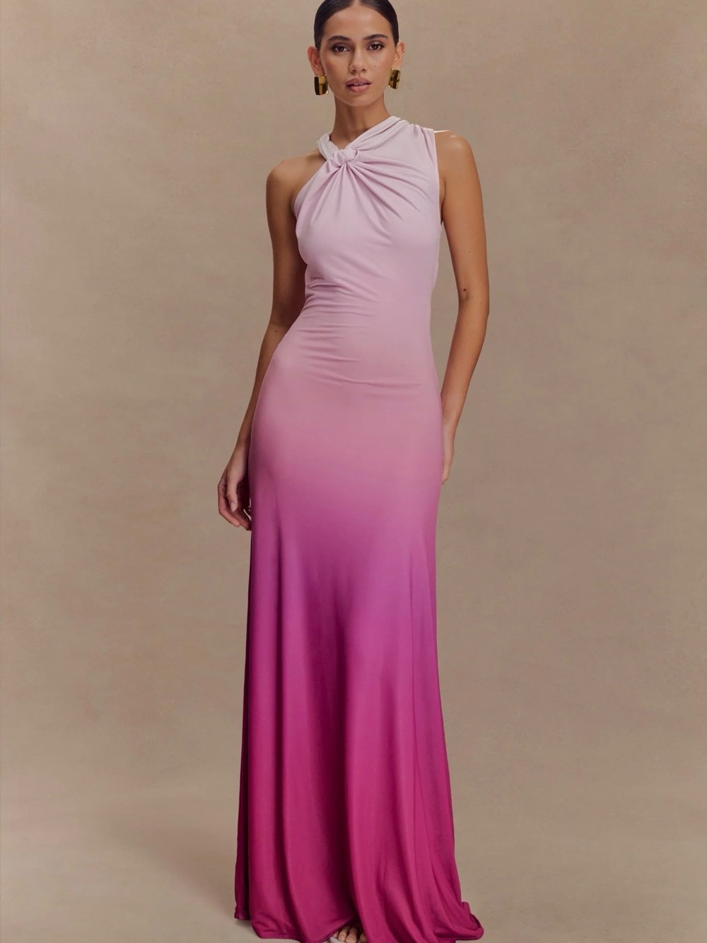 MESHKI Twist-Neck Ombre Pink Evening Gown